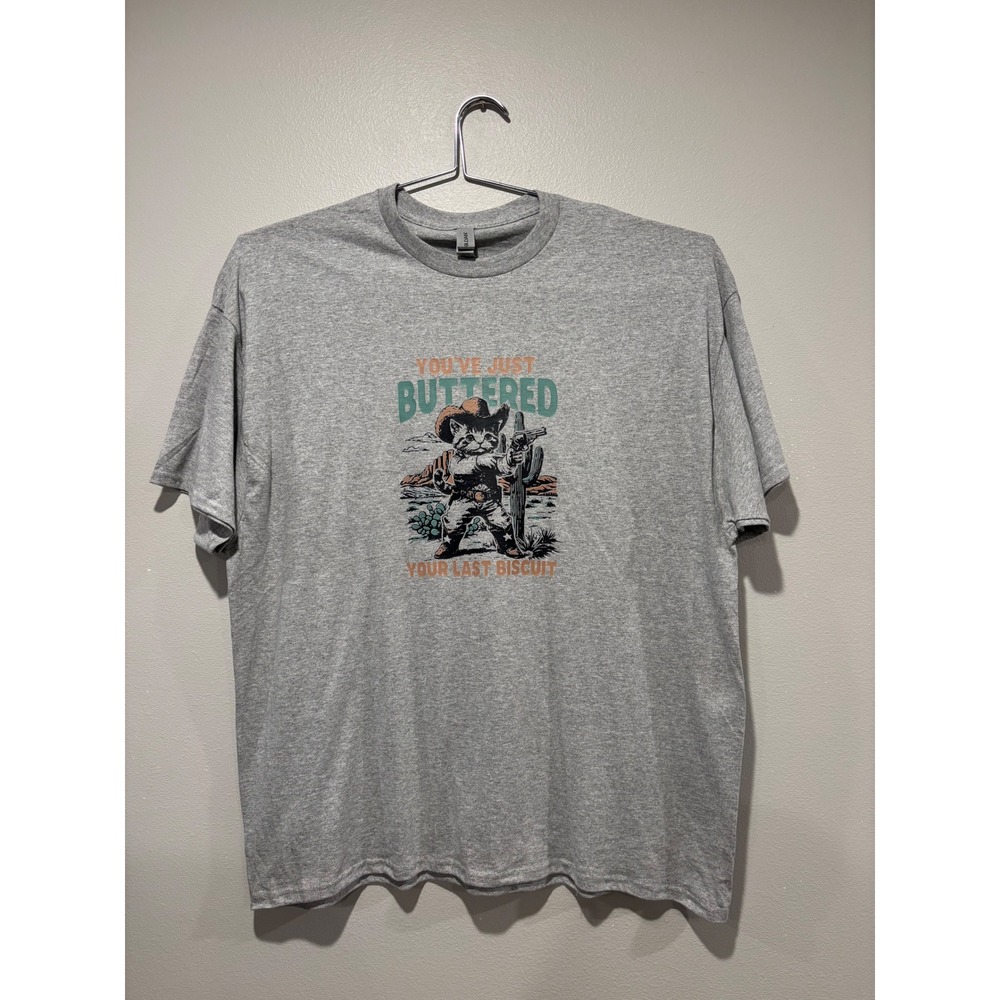 Gildan Heavy Cotton Men 2XL Gray Cowboy Cat Buttered Your Last Biscuit T-Shirt